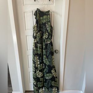 Banana Republic Tropical Palm Maxi Dress Tie Neck